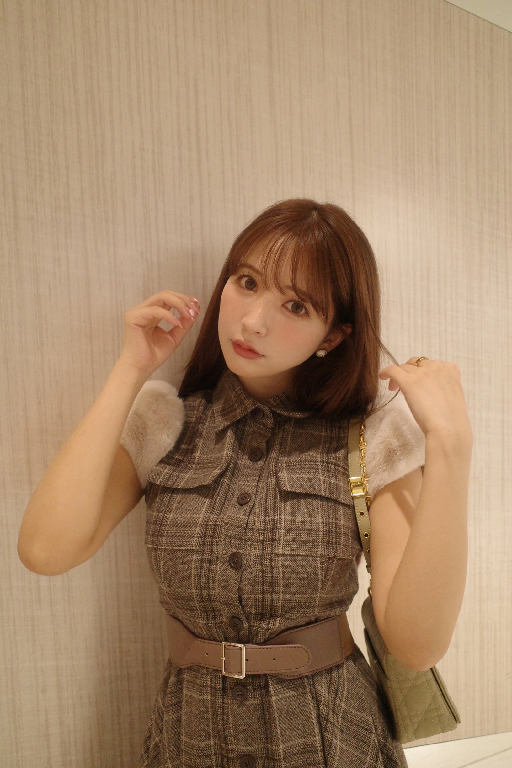 ワンピース mistreass Fur Sleeve Plaid Shirt Dress Fur Sleeve Plaid Shirt Dress - MISTREASS