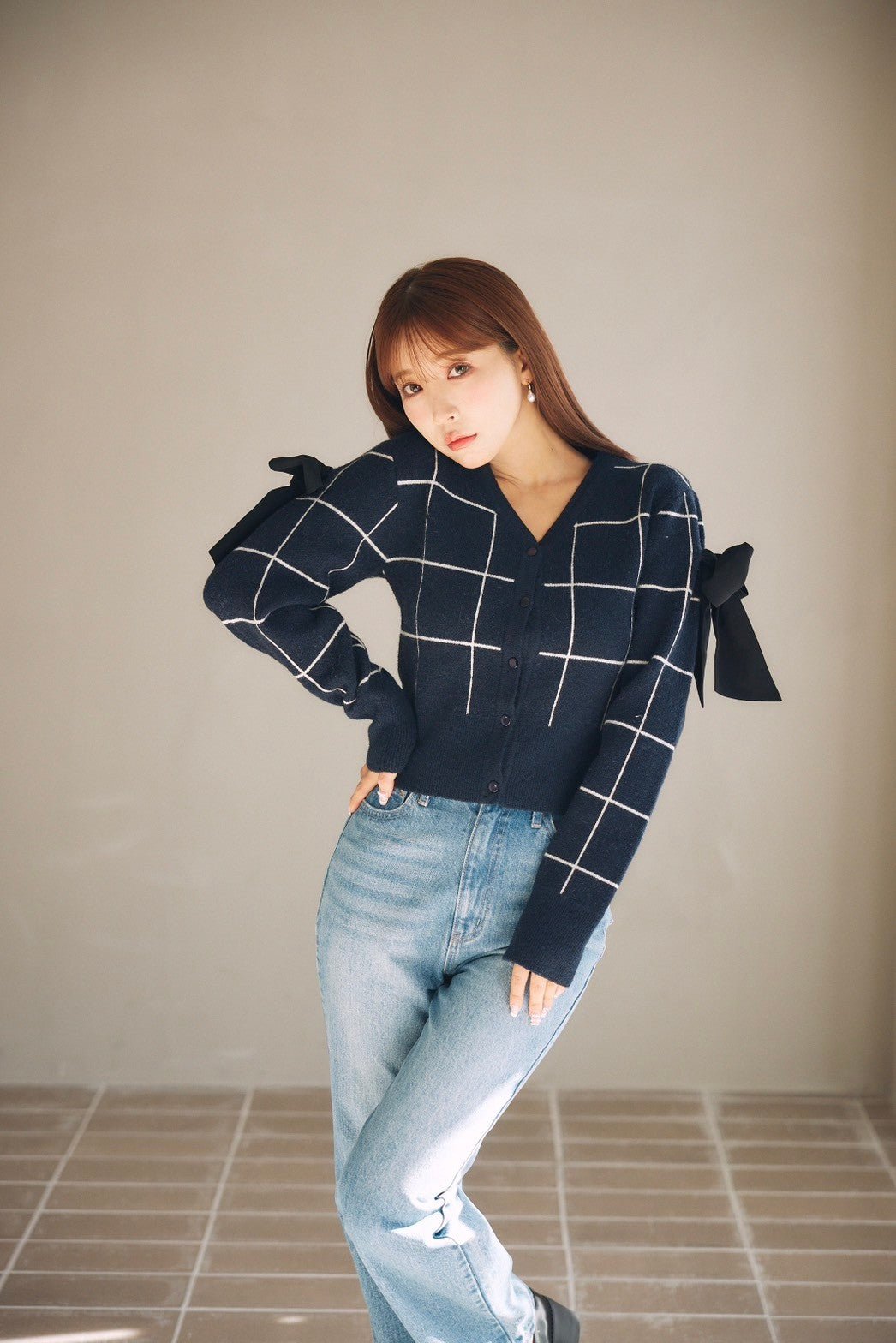 Shoulder Ribbon Plaid Knit Cardigan - MISTREASS