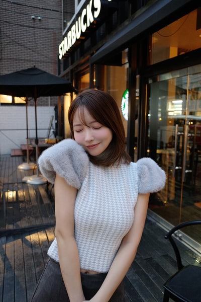 Fur Sleeve Houndstooth Knit Top