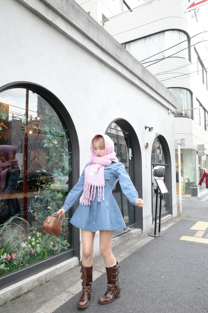 【2月下旬配送】Pin Tuck Denim Mini Shirt Dress