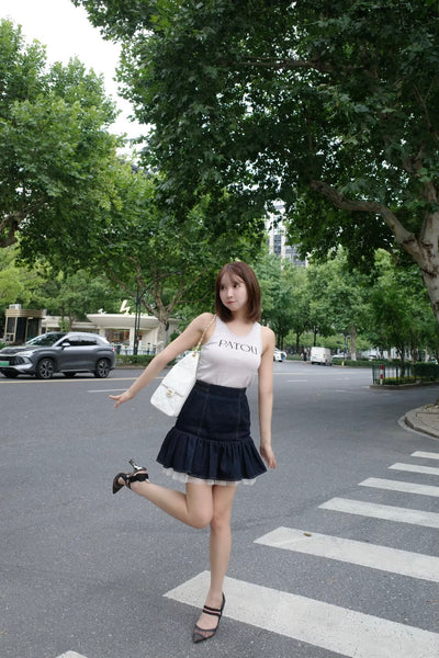 Sheer Hem Denim Mini Skirt