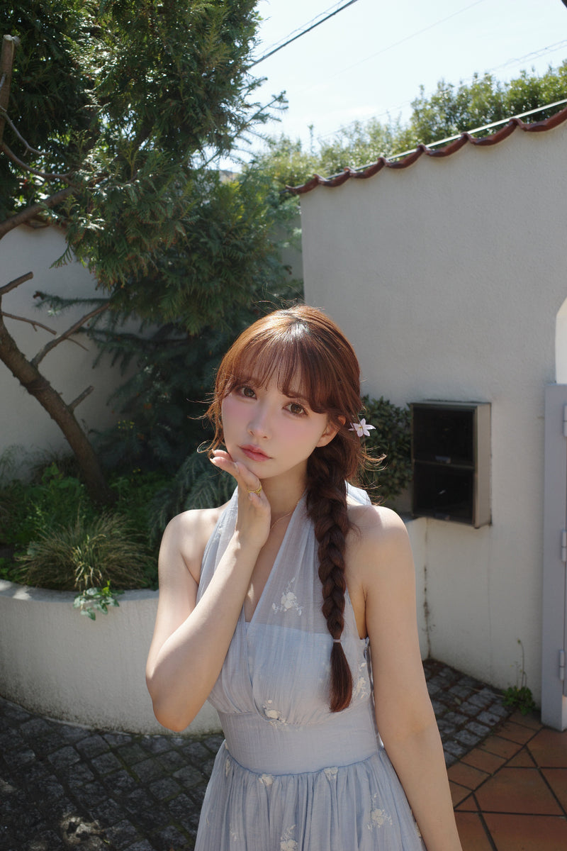 再入荷：WHITE/SAX 7月中旬配送】Blooming Veil Halter Dress - MISTREASS