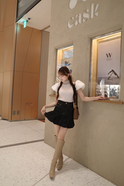 Fur Sleeve Houndstooth Knit Top