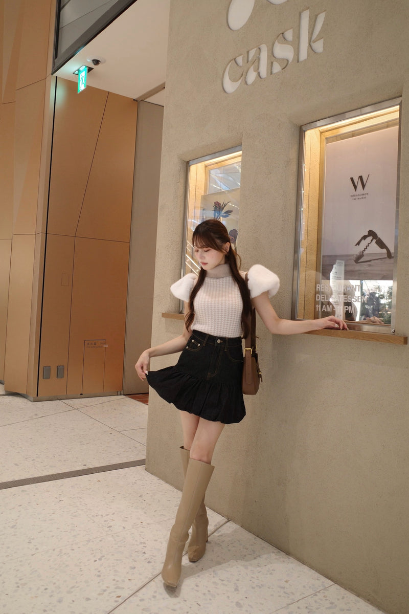 Fur Sleeve Houndstooth Knit Top