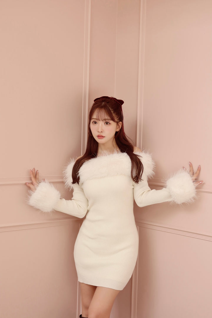 Fur Off Shoulder Knit Mini Dress - MISTREASS