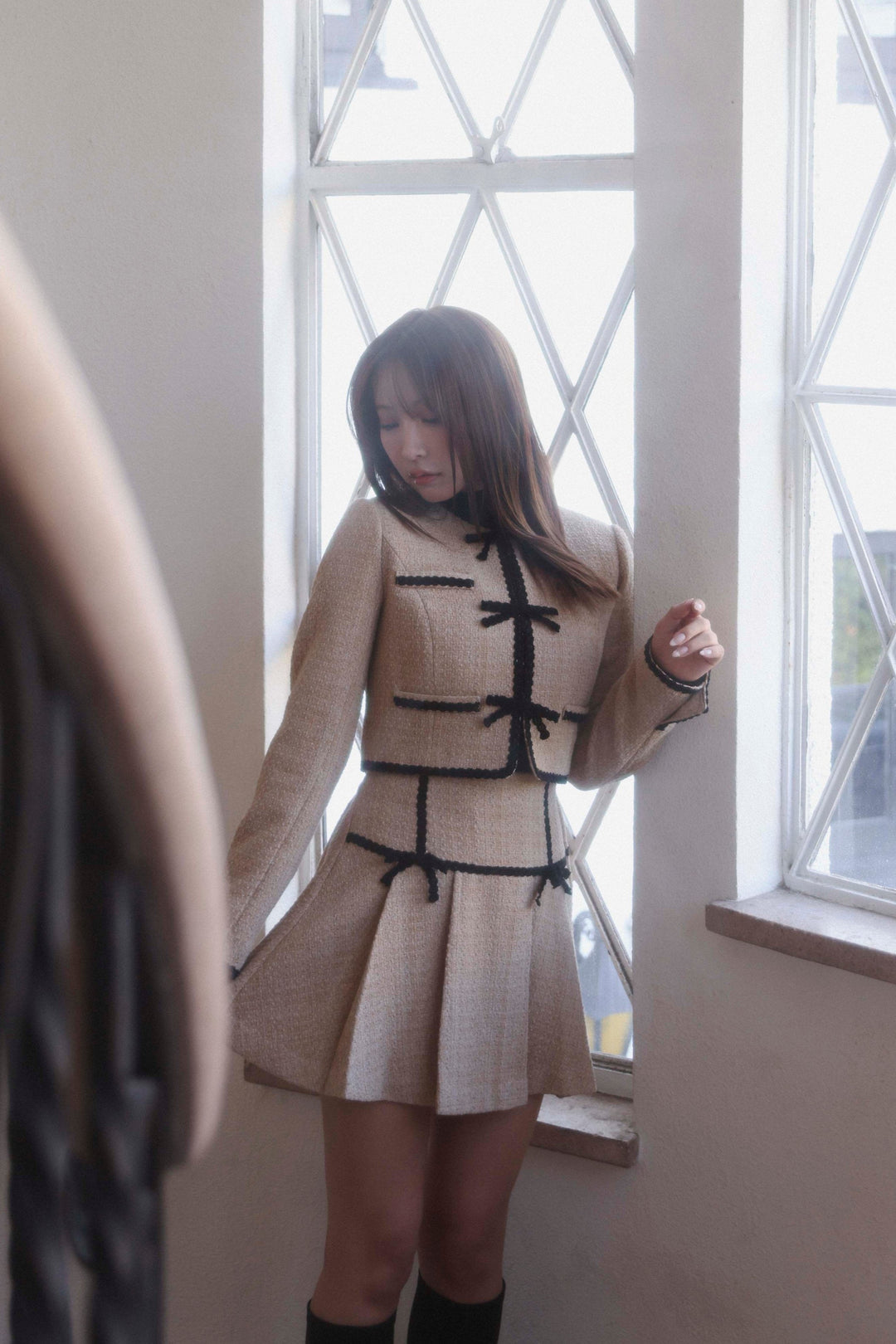 Ribbon Lace Trimming Tweed Cropped Jacket - MISTREASS