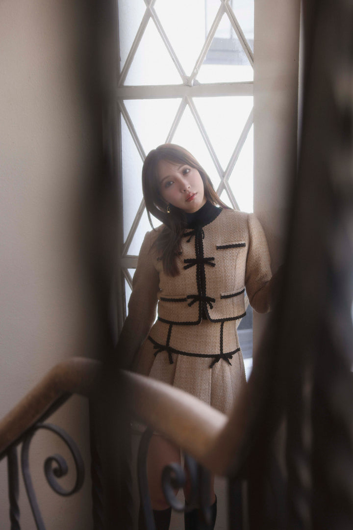 Ribbon Lace Trimming Tweed Cropped Jacket - MISTREASS