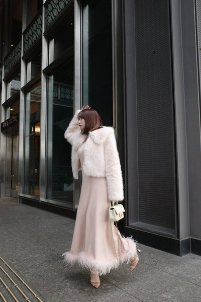 【再入荷(GRAY/PINK BEIGE)12月下旬配送】Feather Hem Knit Dress