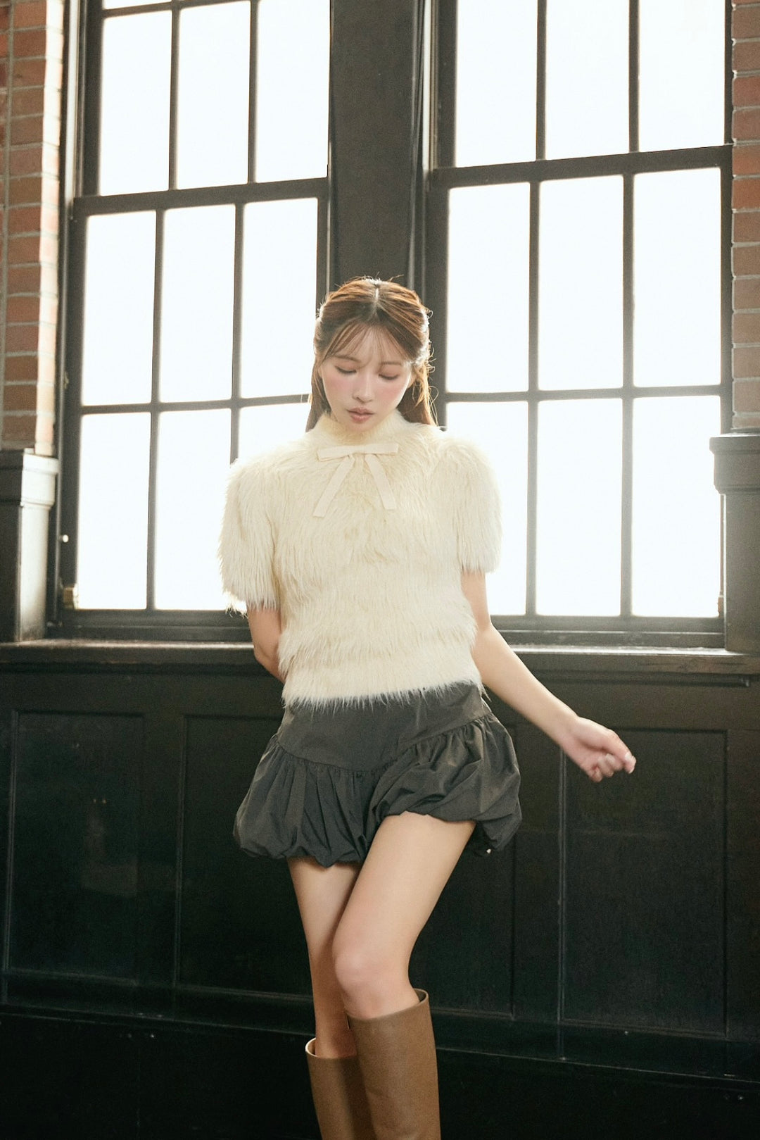 Fluffy Ribbon Puff Knit Top - MISTREASS