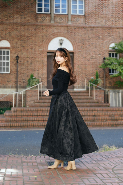 Off-Shoulder Knit & Jacquard Long Dress