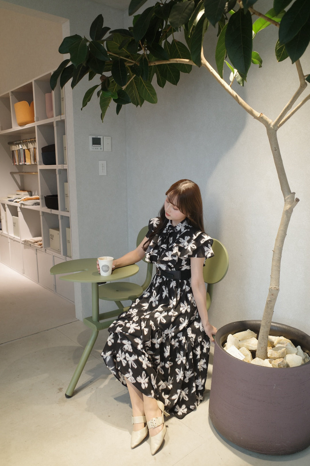 Ribbon Pattern Raffle Shirt Dress With Belt - MISTREASS