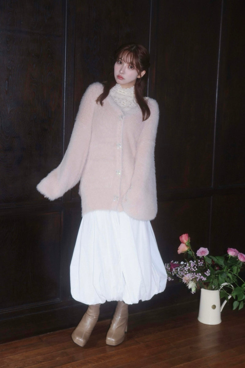 【11月下旬配送】Ribbon Button Long Shaggy Knit Cardigan