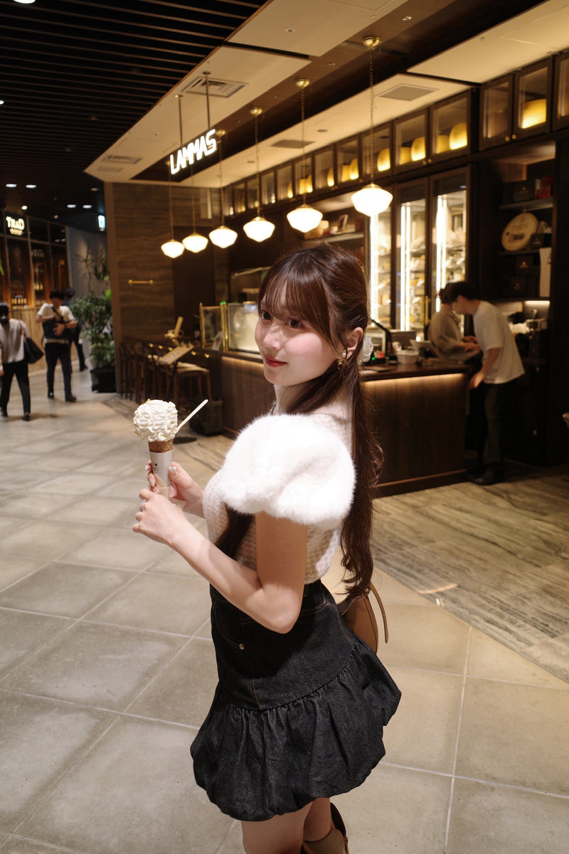 Fur Sleeve Houndstooth Knit Top