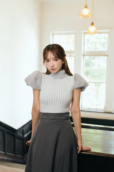 Fur Sleeve Houndstooth Knit Top