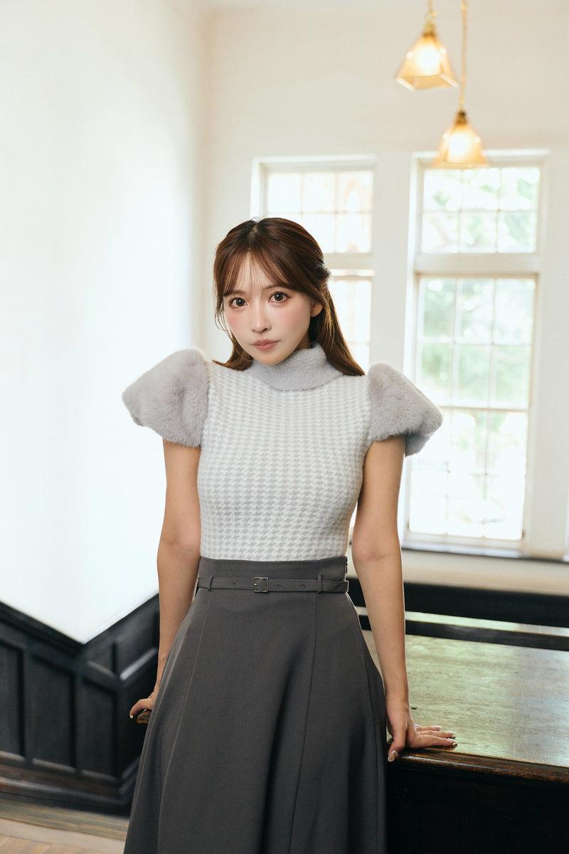 Fur Sleeve Houndstooth Knit Top