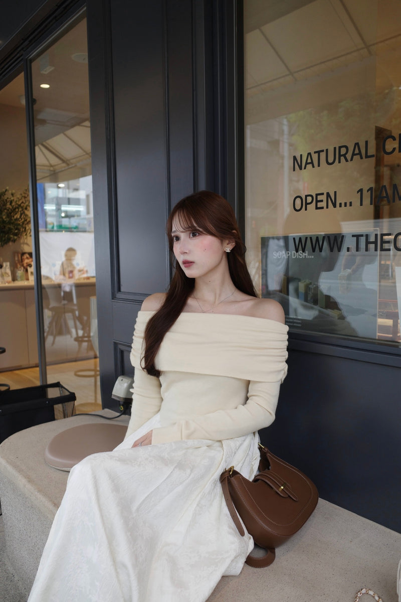 Off-Shoulder Knit & Jacquard Long Dress