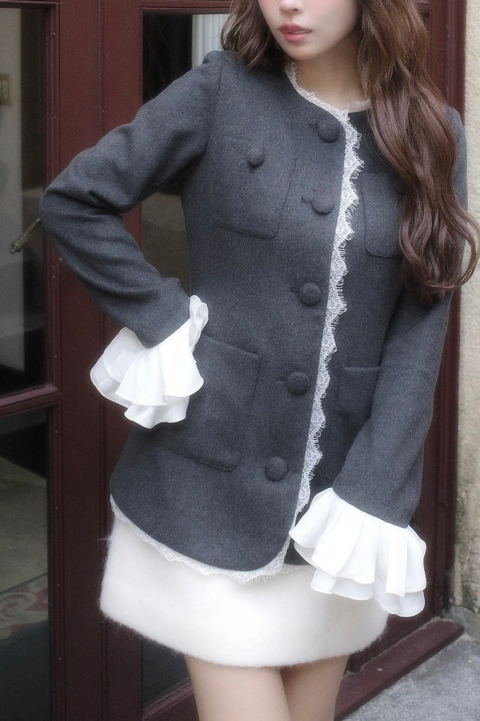 【10月中旬配送】Lace Trim Ruffle Sleeve Jacket