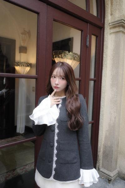 【10月中旬配送】Lace Trim Ruffle Sleeve Jacket