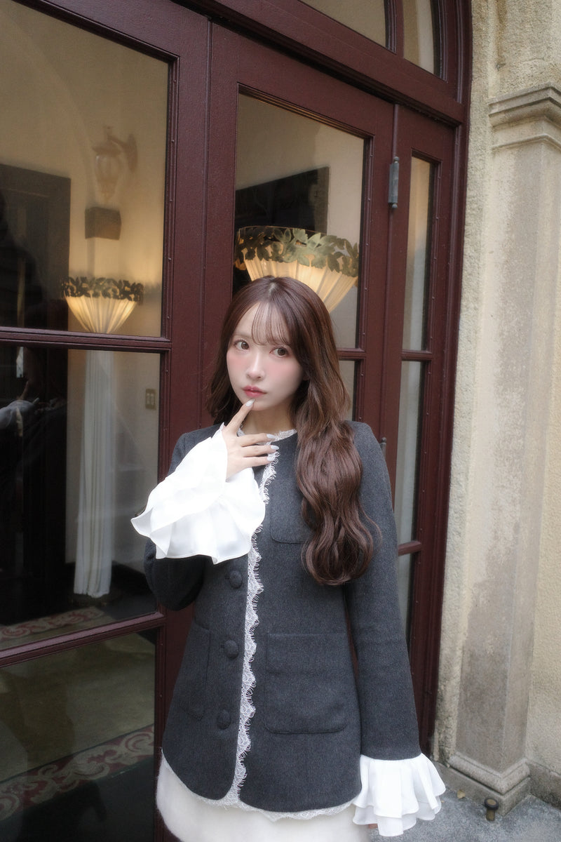 【10月中旬配送】Lace Trim Ruffle Sleeve Jacket