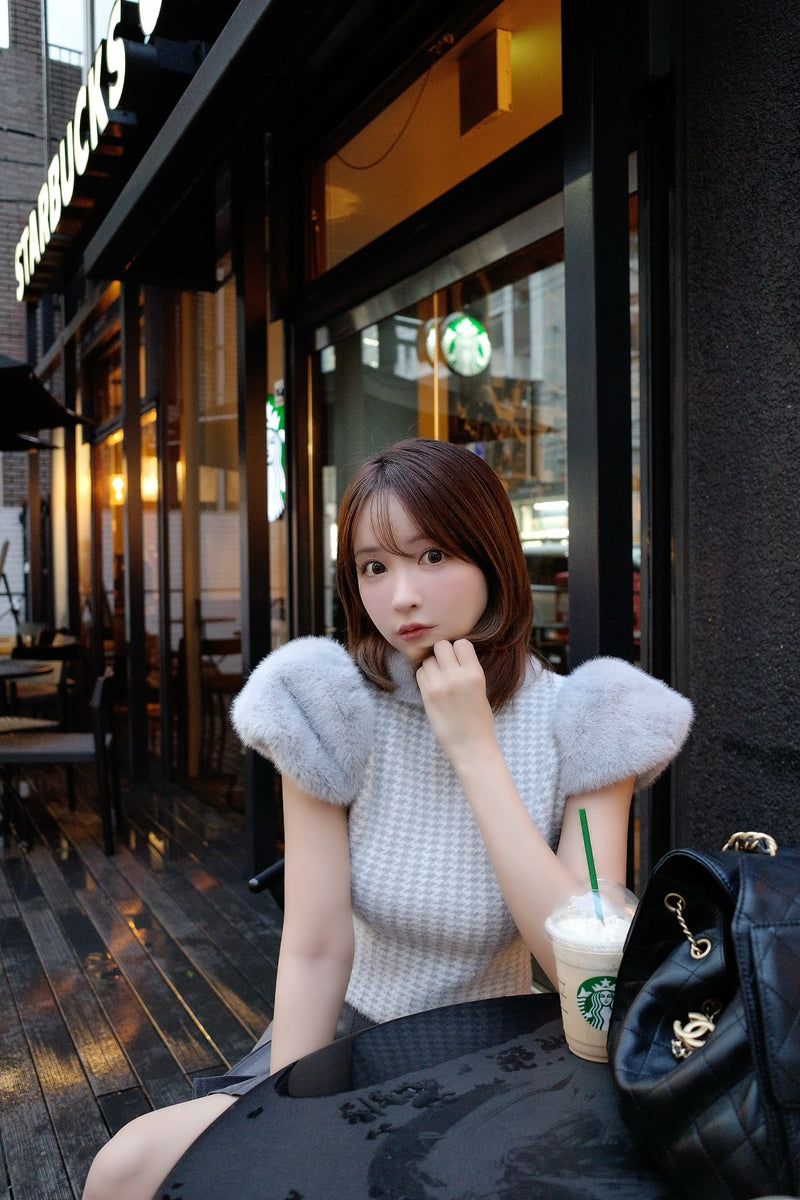 Fur Sleeve Houndstooth Knit Top