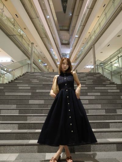 Denim Amerian Sleeve Long Dress