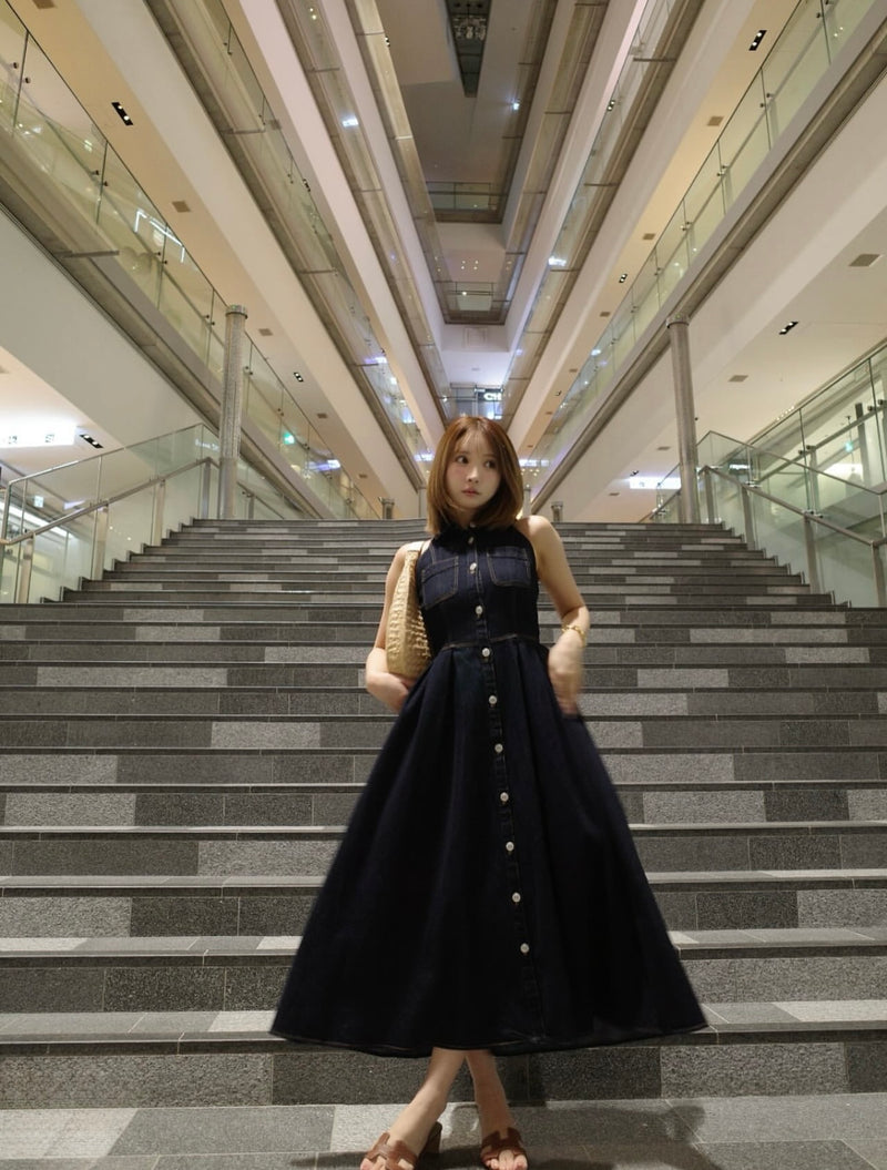 Denim Amerian Sleeve Long Dress