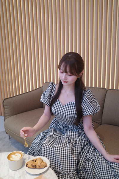 Gingham Check Heart Neck Tiered Dress