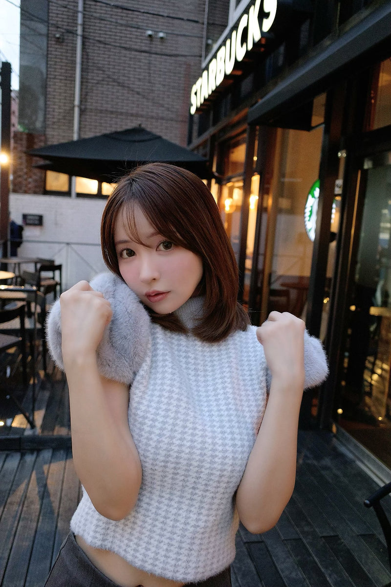Fur Sleeve Houndstooth Knit Top