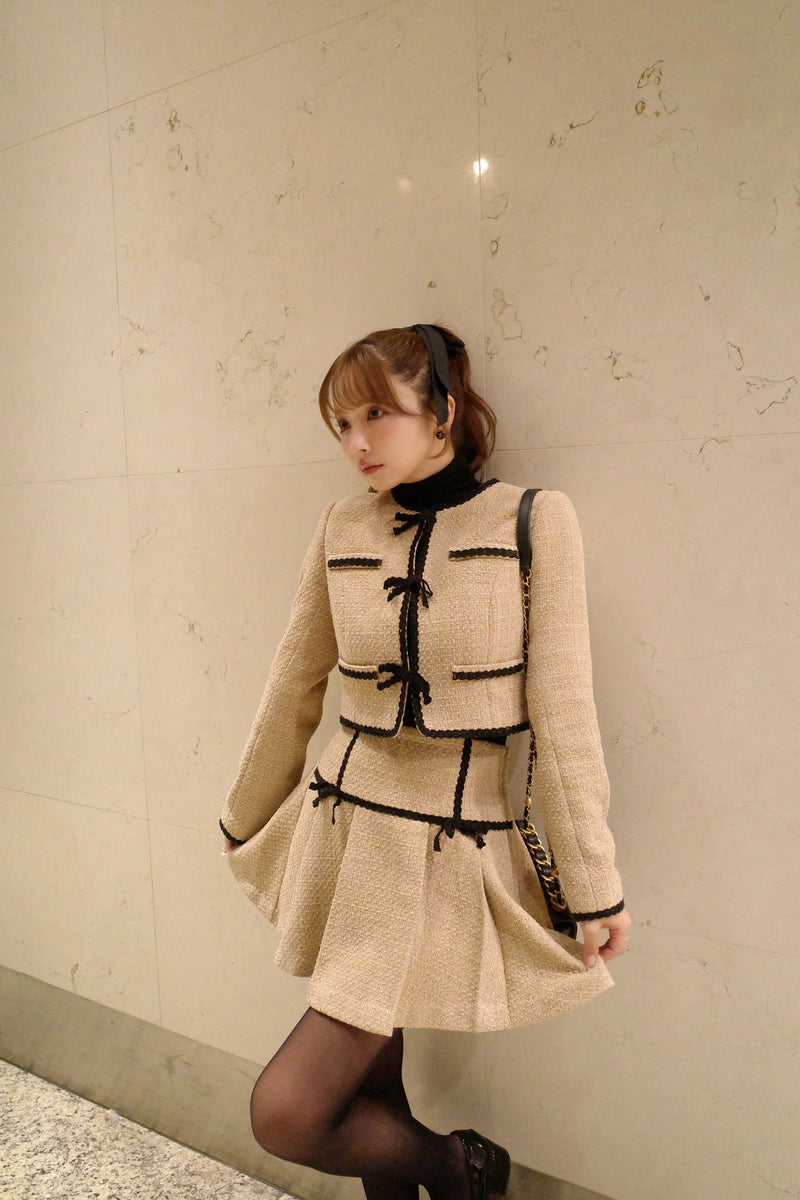 【11月下旬配送】Ribbon Lace Trimming Tweed Cropped Jacket