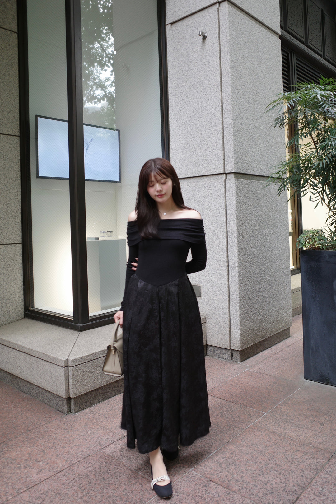 Off-Shoulder Knit & Jacquard Long Dress - MISTREASS