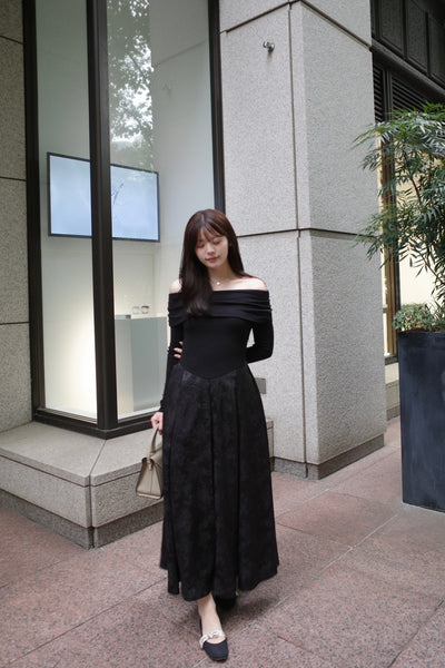Off-Shoulder Knit & Jacquard Long Dress