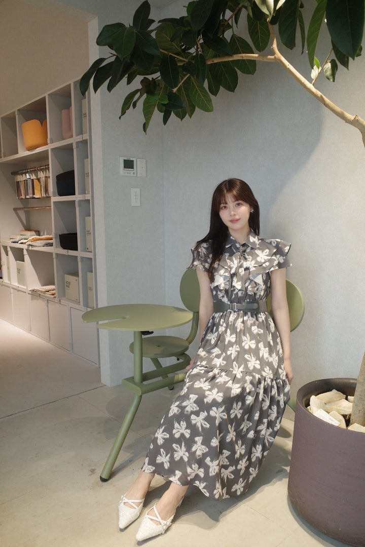 Ribbon Pattern Raffle Shirt Dress With Belt - MISTREASS