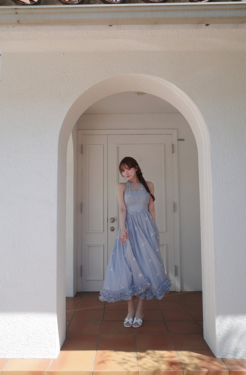 再入荷：WHITE/SAX 7月中旬配送】Blooming Veil Halter Dress - MISTREASS