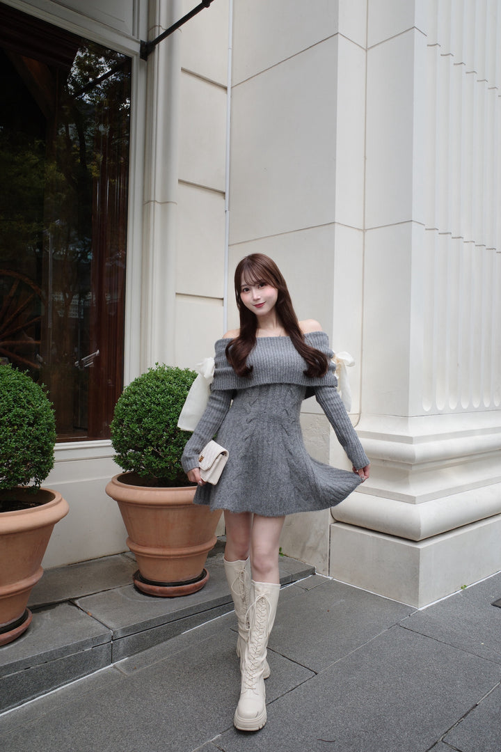 Ribbon Off-Shoulder Cable Knit Dress - MISTREASS