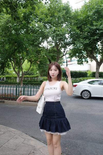 Sheer Hem Denim Mini Skirt