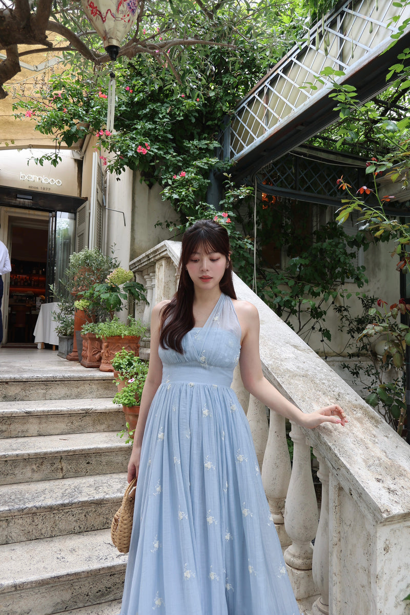 再入荷：WHITE/SAX 7月中旬配送】Blooming Veil Halter Dress - MISTREASS