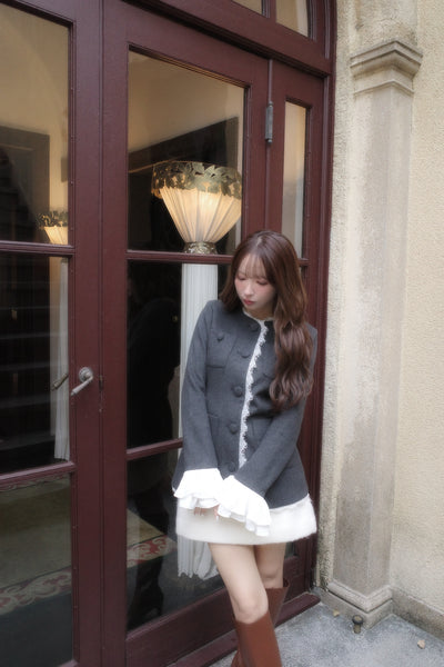 【10月中旬配送】Lace Trim Ruffle Sleeve Jacket