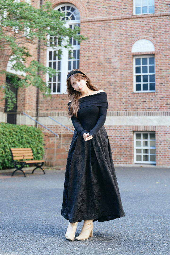 Off-Shoulder Knit & Jacquard Long Dress - MISTREASS