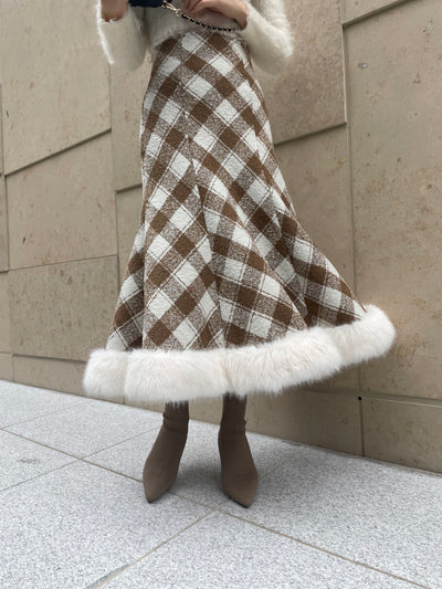 【11月下旬配送】Hem Fur Plaid Semi Mermaid Skirt