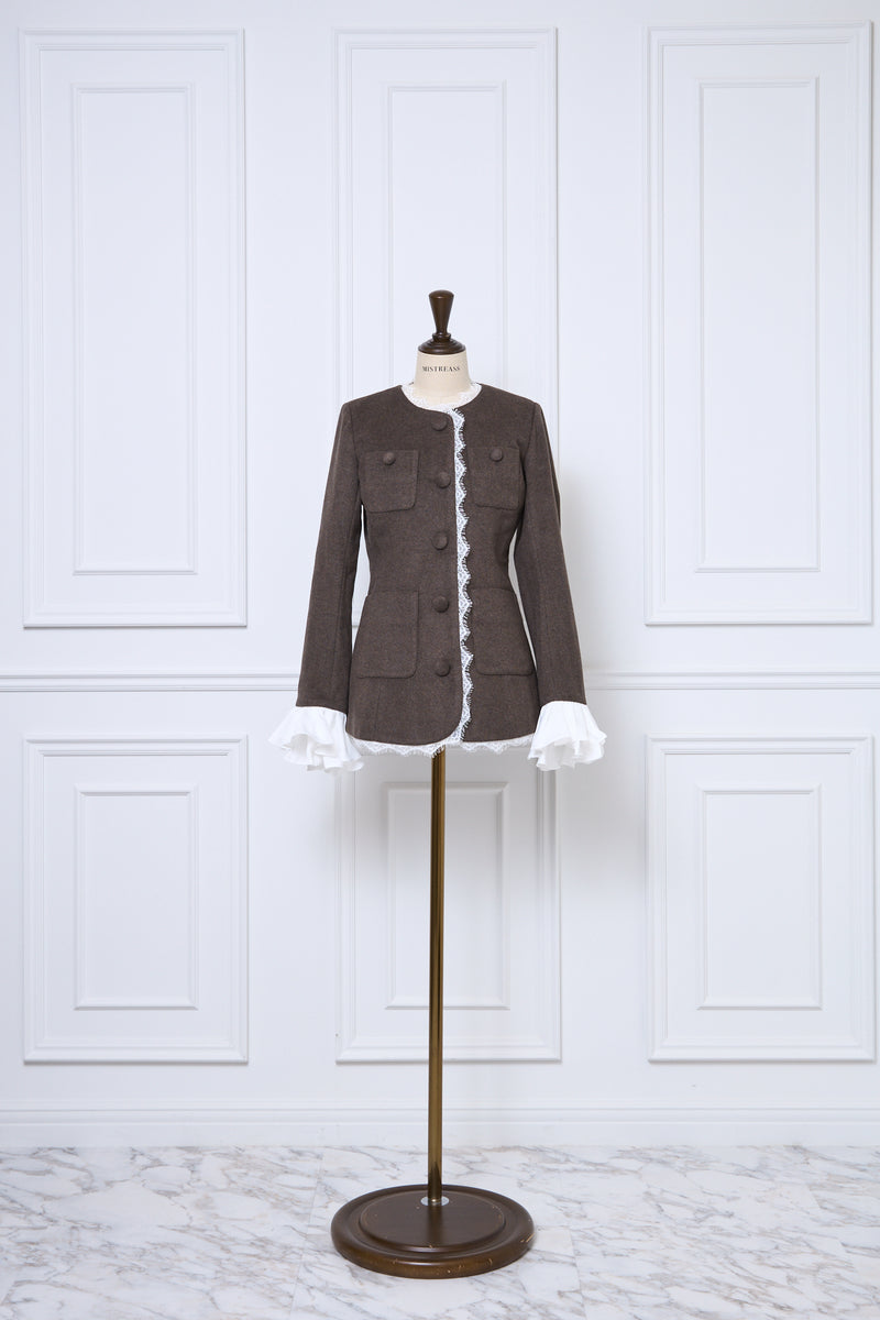 【10月中旬配送】Lace Trim Ruffle Sleeve Jacket