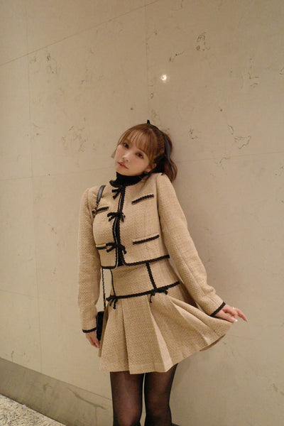 【11月下旬配送】Ribbon Lace Trimming Tweed Cropped Jacket