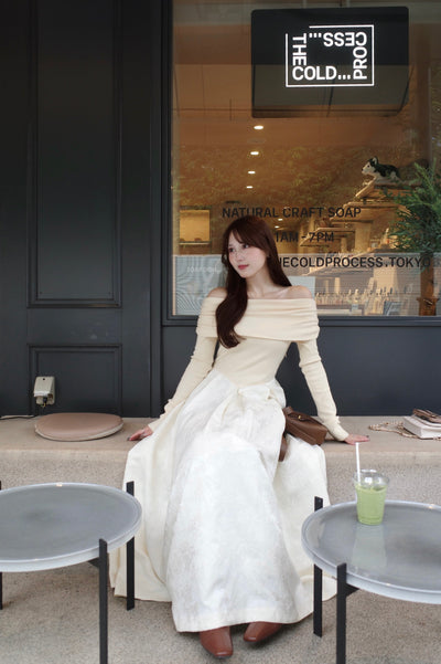 Off-Shoulder Knit & Jacquard Long Dress
