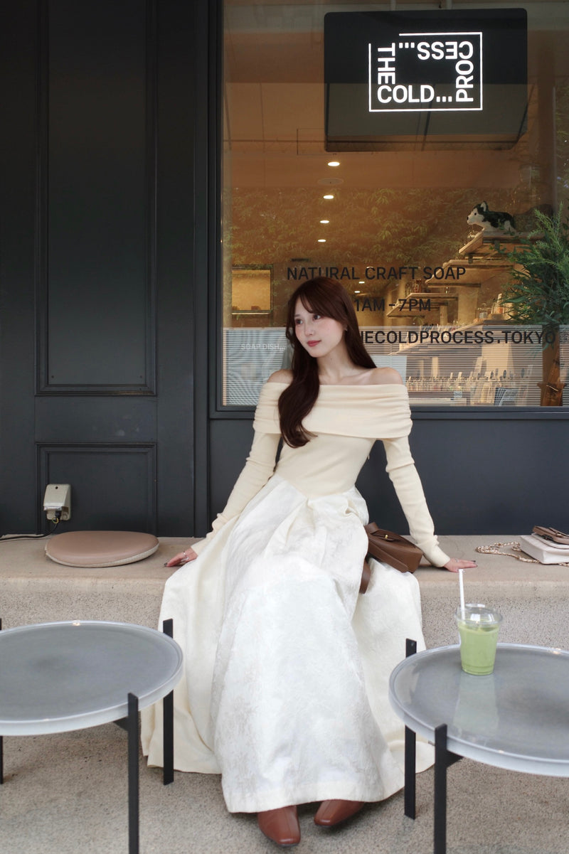 Off-Shoulder Knit & Jacquard Long Dress