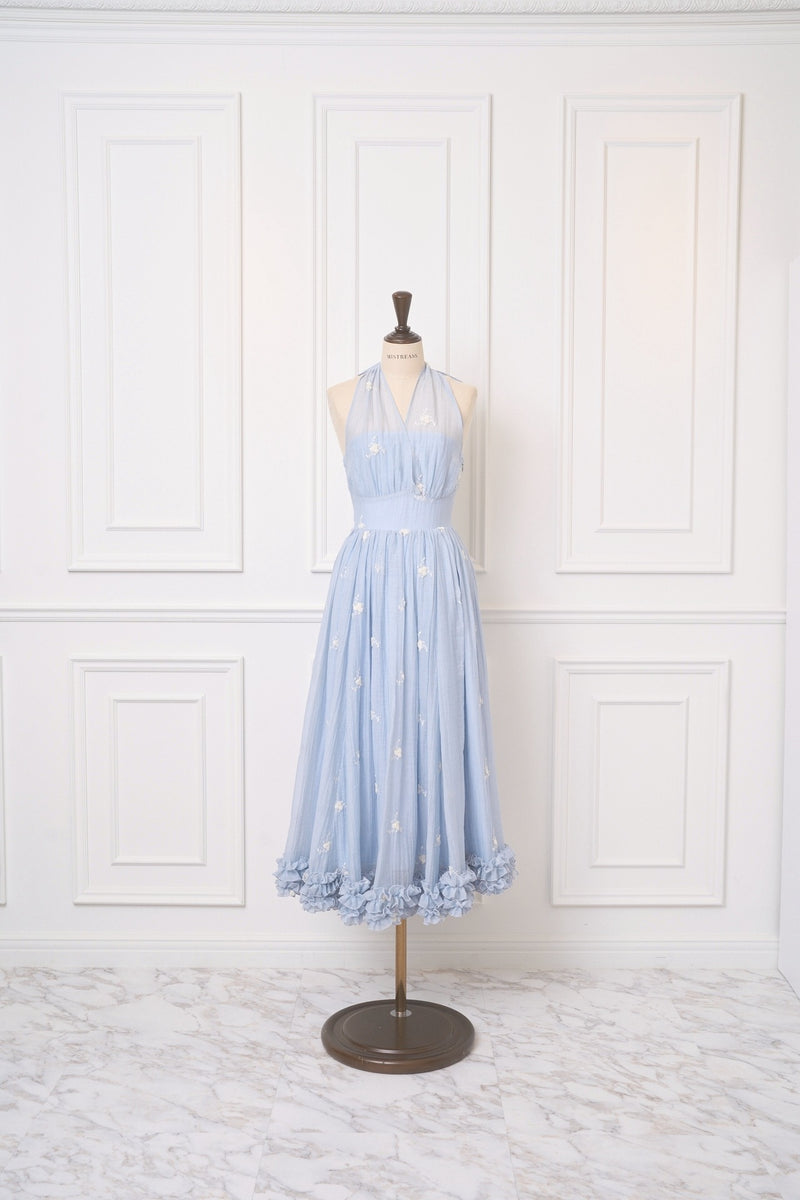再入荷：WHITE/SAX 7月中旬配送】Blooming Veil Halter Dress - MISTREASS