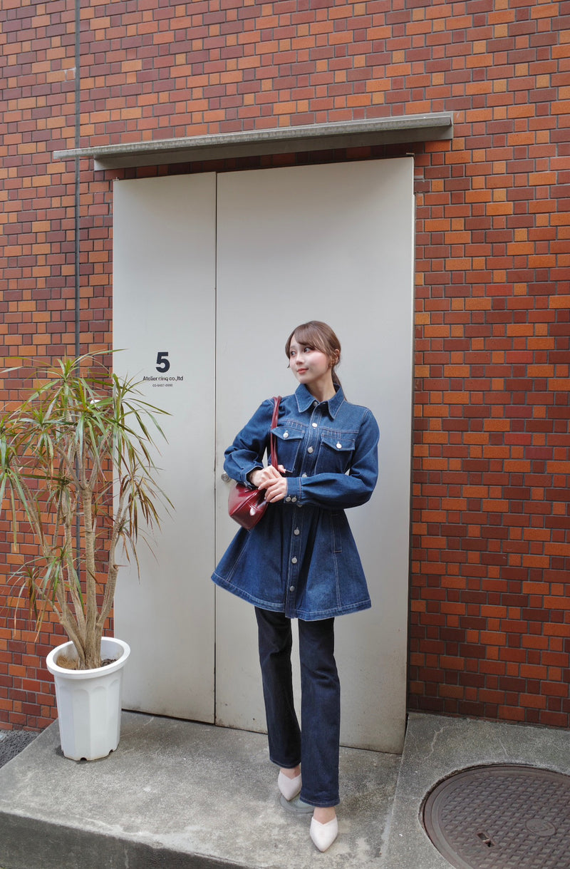 Pin Tuck Denim Mini Shirt Dress
