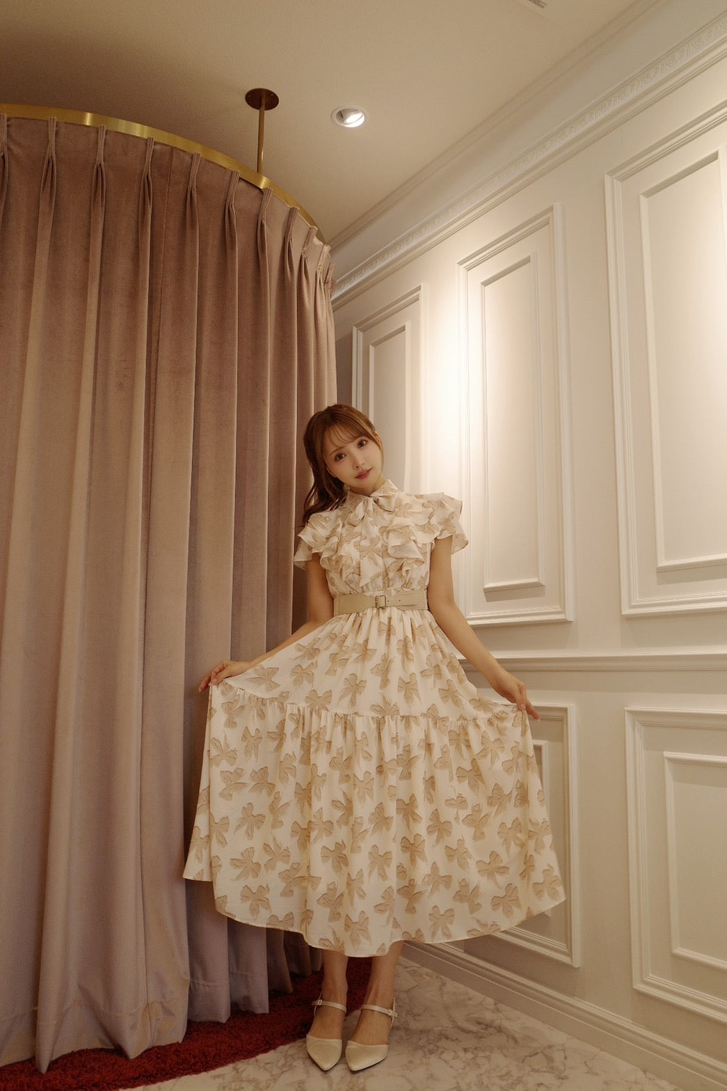 Ribbon Pattern Raffle Shirt Dress With Belt - MISTREASS