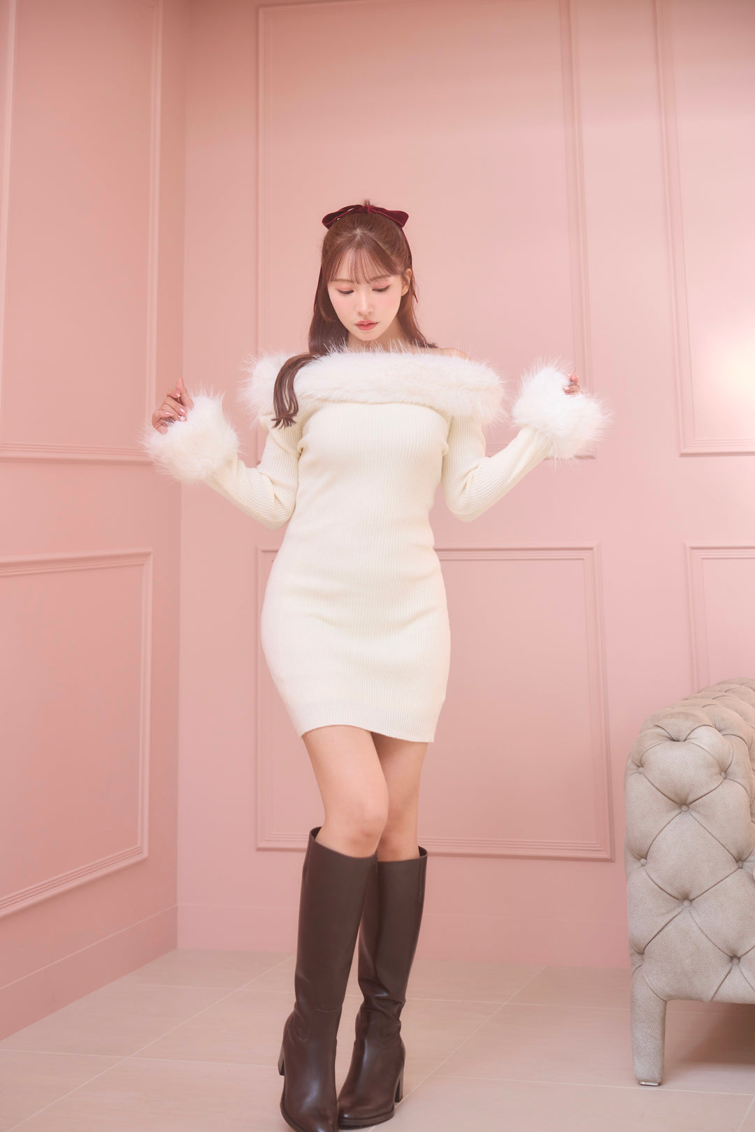 Fur Off Shoulder Knit Mini Dress - MISTREASS