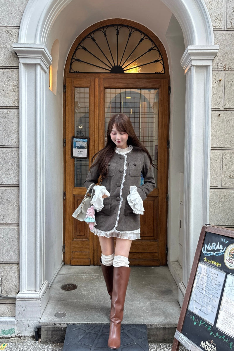 【10月中旬配送】Lace Trim Ruffle Sleeve Jacket
