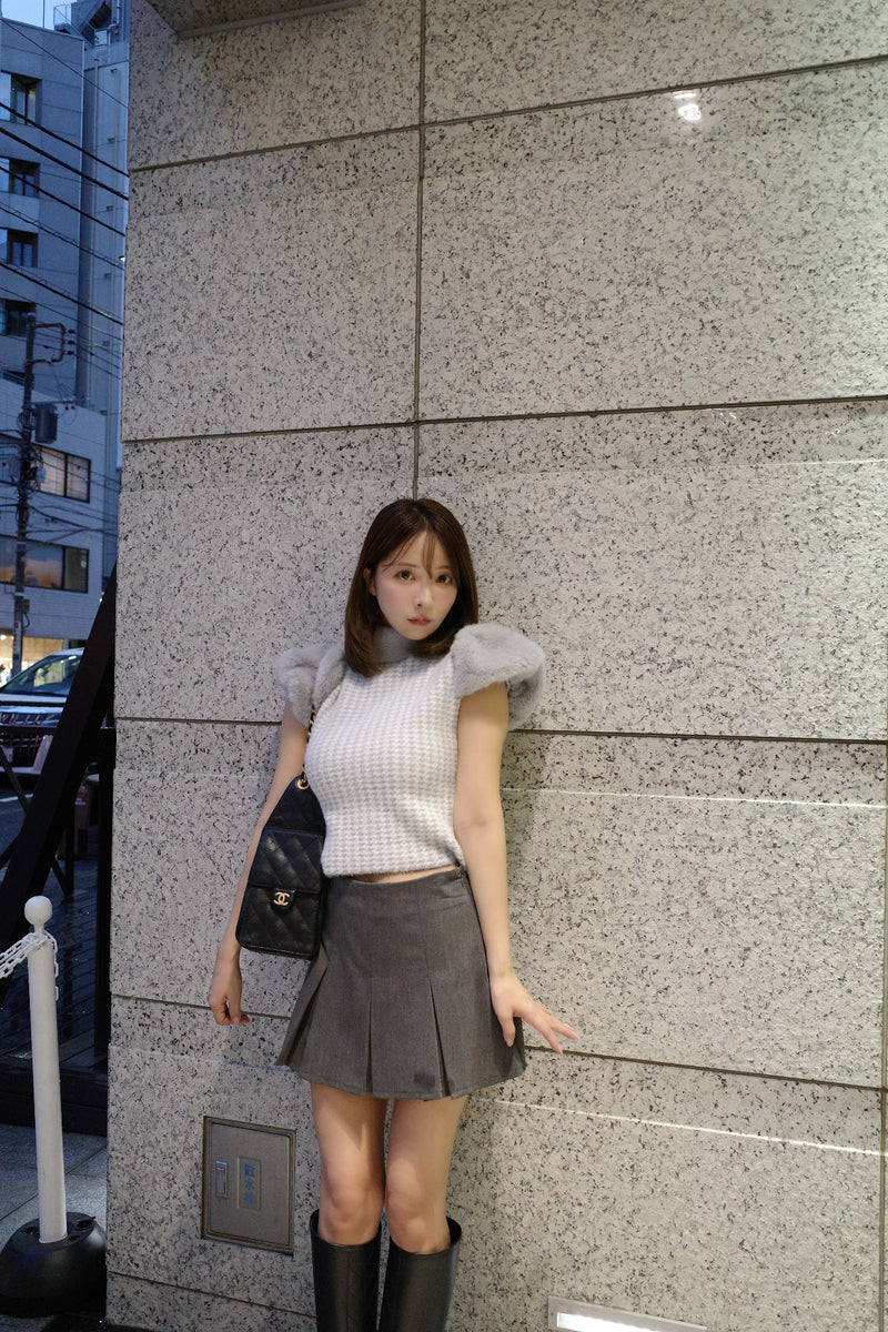 Fur Sleeve Houndstooth Knit Top