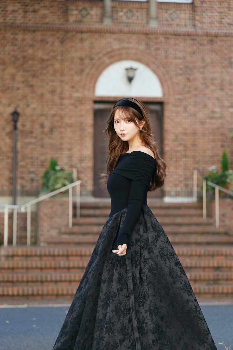 Off-Shoulder Knit & Jacquard Long Dress